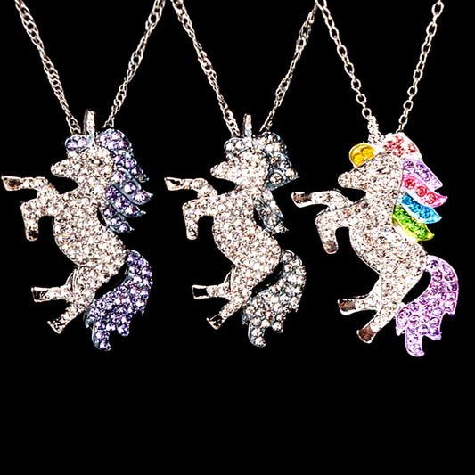 Fashion Purple Colorful White Crystal Unicorn Metal Pendant Chain Necklace Women Girl Jewelry Gift