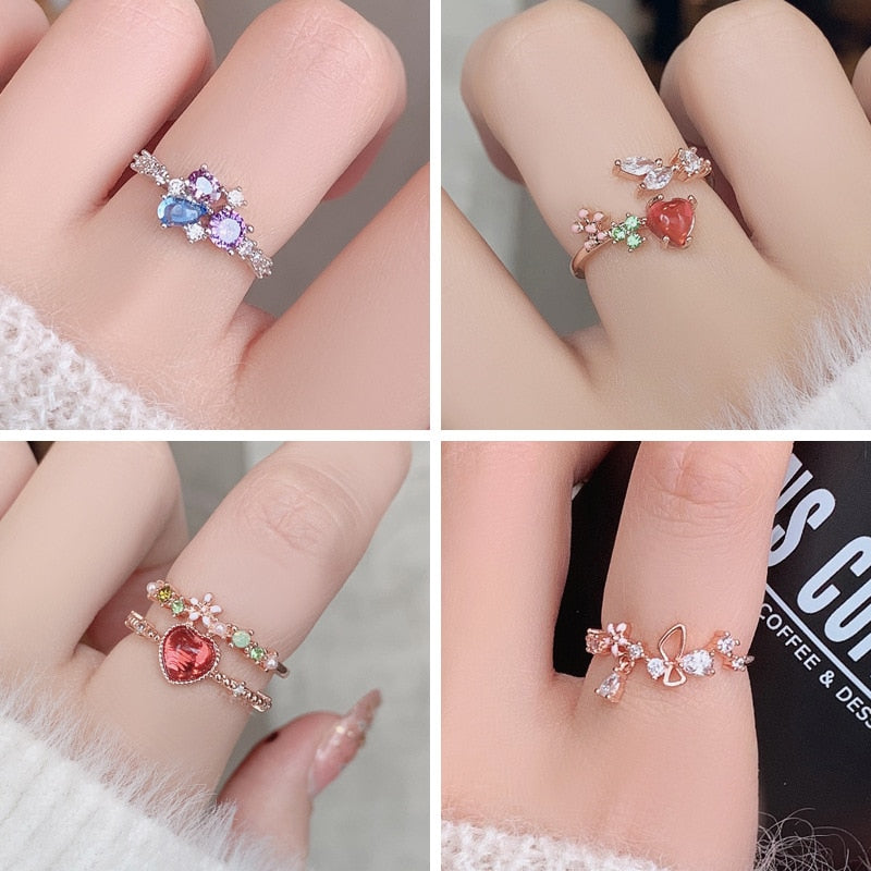 2022 Korean New Exquisite Crystal Temperament Ring Sweet French Elegant Flower Opening Ring Female Jewelry
