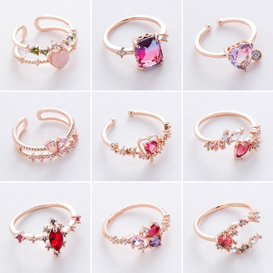 2022 Korean New Exquisite Crystal Temperament Ring Sweet French Elegant Flower Opening Ring Female Jewelry
