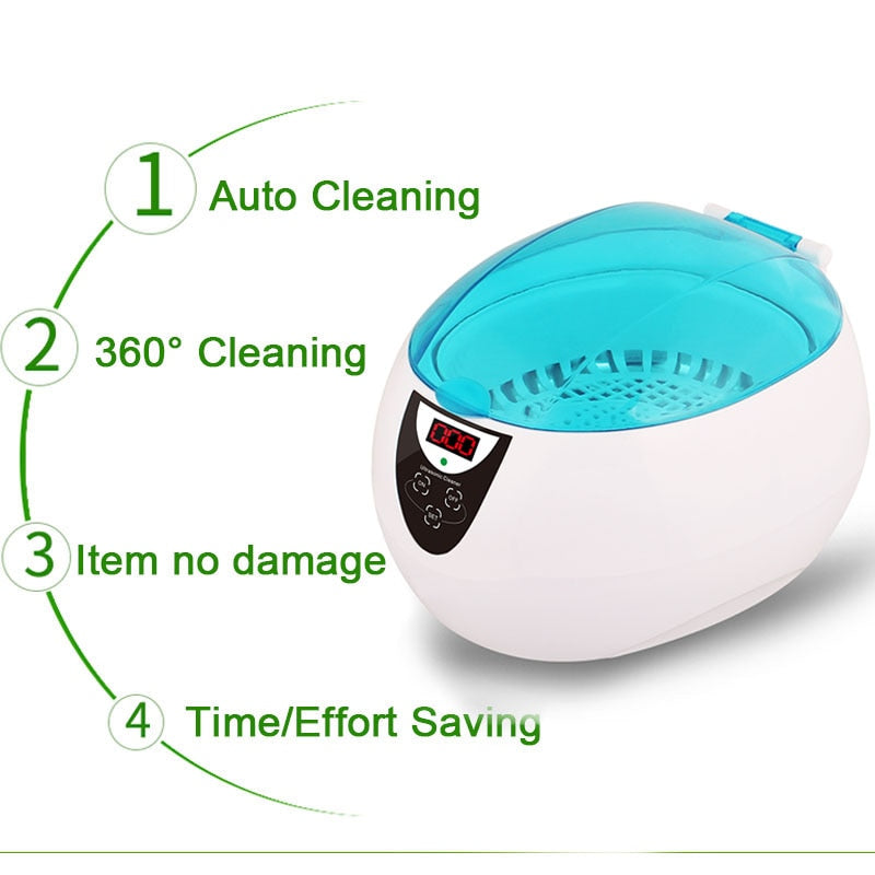 750ML Home Ultrasonic Cleaner Proffesional Jewelry Cleaners 5 Timers Glasses Watches Denture Keys Razor Brush Cleaning Machine