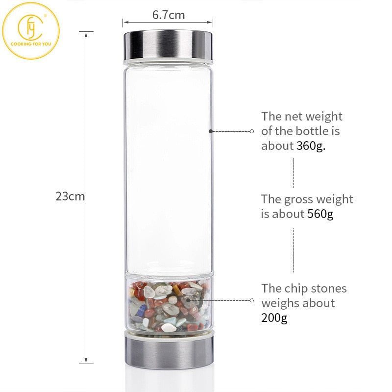550ml Big Diameter Crystal Elixir Bottles Multicolor Crystal Water Bottle,Healing Crystal Infuser Energy Water Bottle Wooden Lid
